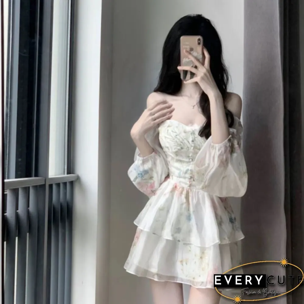 Floral Y2K Mini Dress Corset Off Shoulder Women Ruffle Sexy Puff Sleeve Summer Streetwear