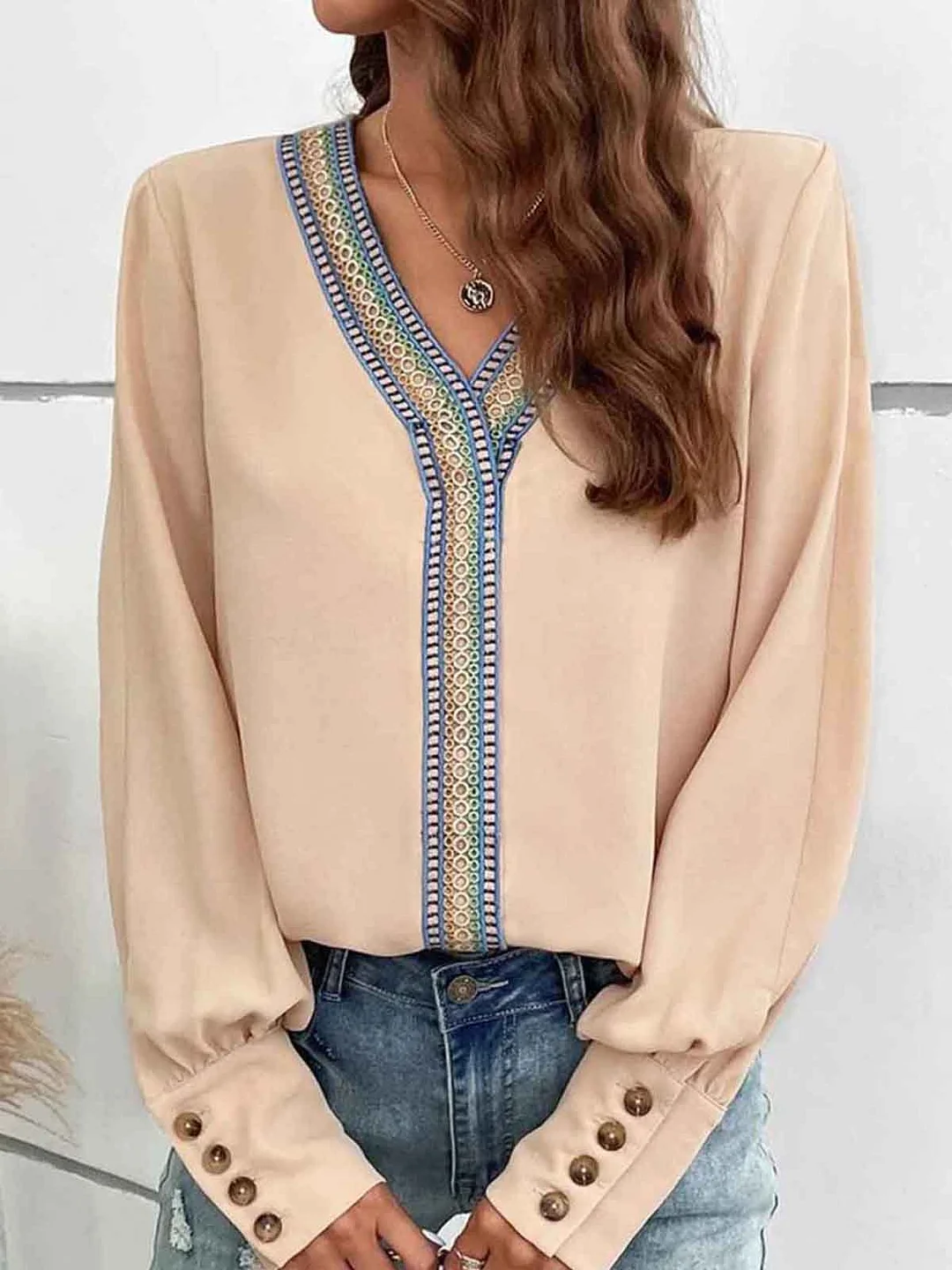 V Neck Casual Buckle Loose Top