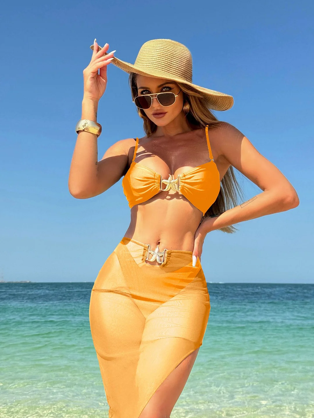 Uveng 2024 New Sexy Solid Three-Piece Mesh Dress Swimsuit Bikini