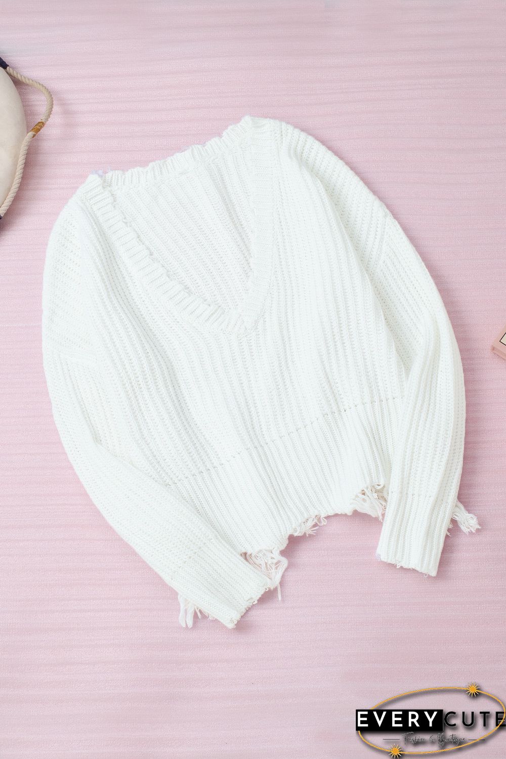 White Tainted Love Cotton Distressed Sweater