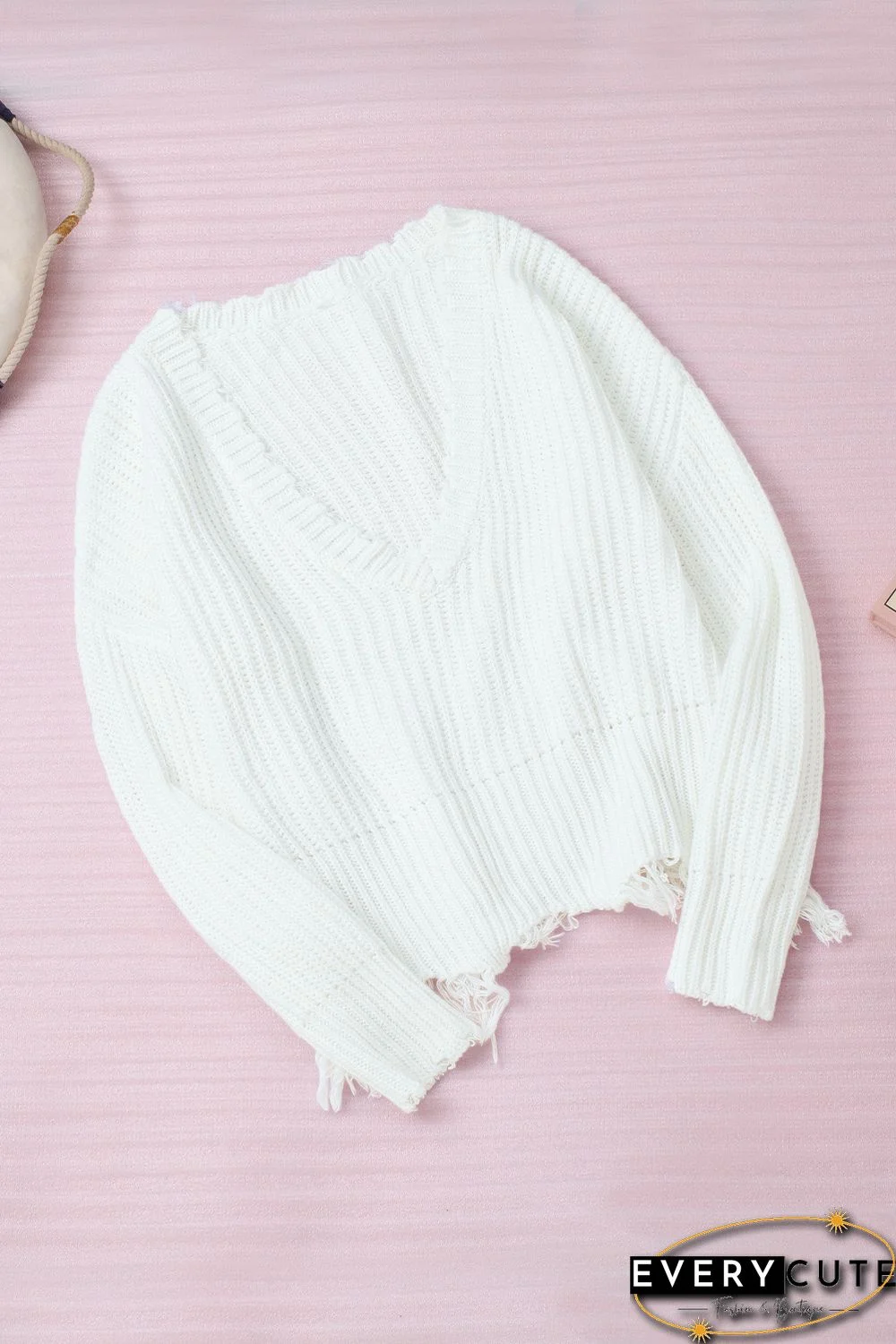 White Tainted Love Cotton Distressed Sweater