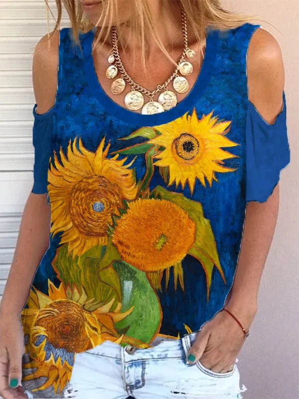 Van Gogh Sunflowers Hollow Shoulder T Shirt