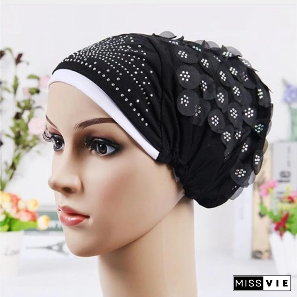 Women's Sequins Flowers Muslim Turban Hat Cap