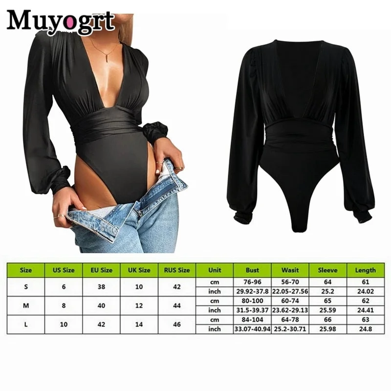 Muyogrt Black Deep V Neck Bodysuit Women Sexy Puff Sleeve Bodycon Jumpsuit Solid Elastic Casual Party Winter Bodysuits Body Tops
