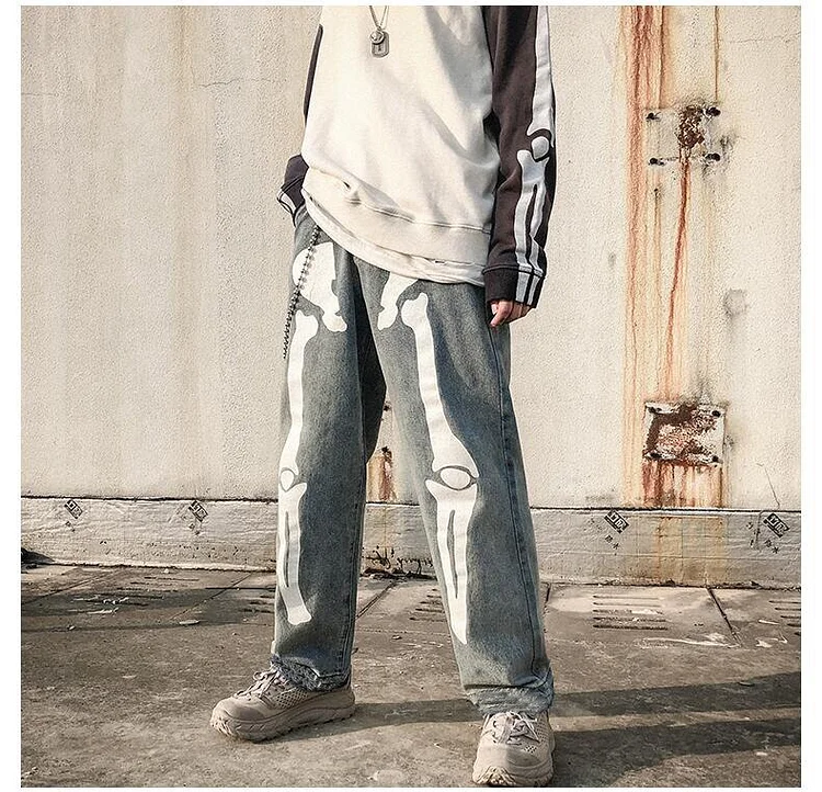 Skeleton Print Men's Vintage Loose Oversized Straight Jeans at Hiphopee