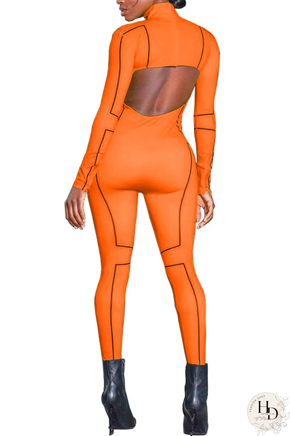 rose red Fashion Print Backless Milk. Long Sleeve O Neck Jumpsuits