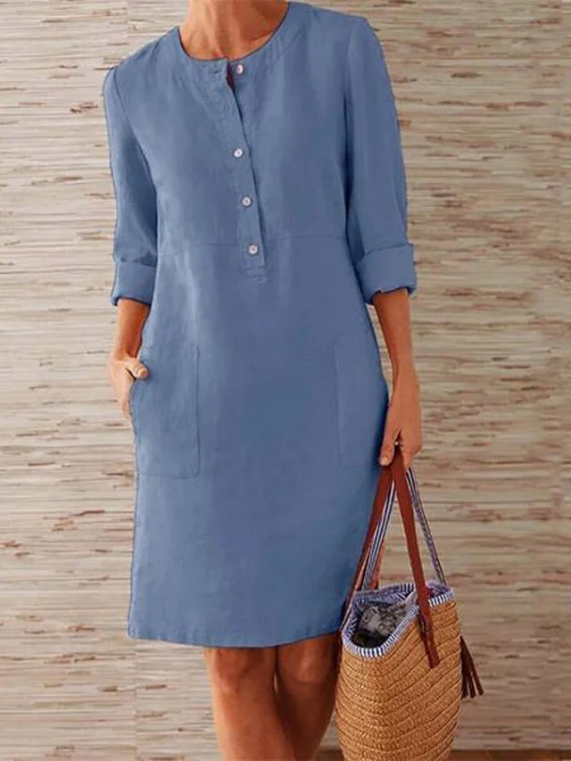 Solid Color Stand Collar Long Sleeve Buttoned Dress