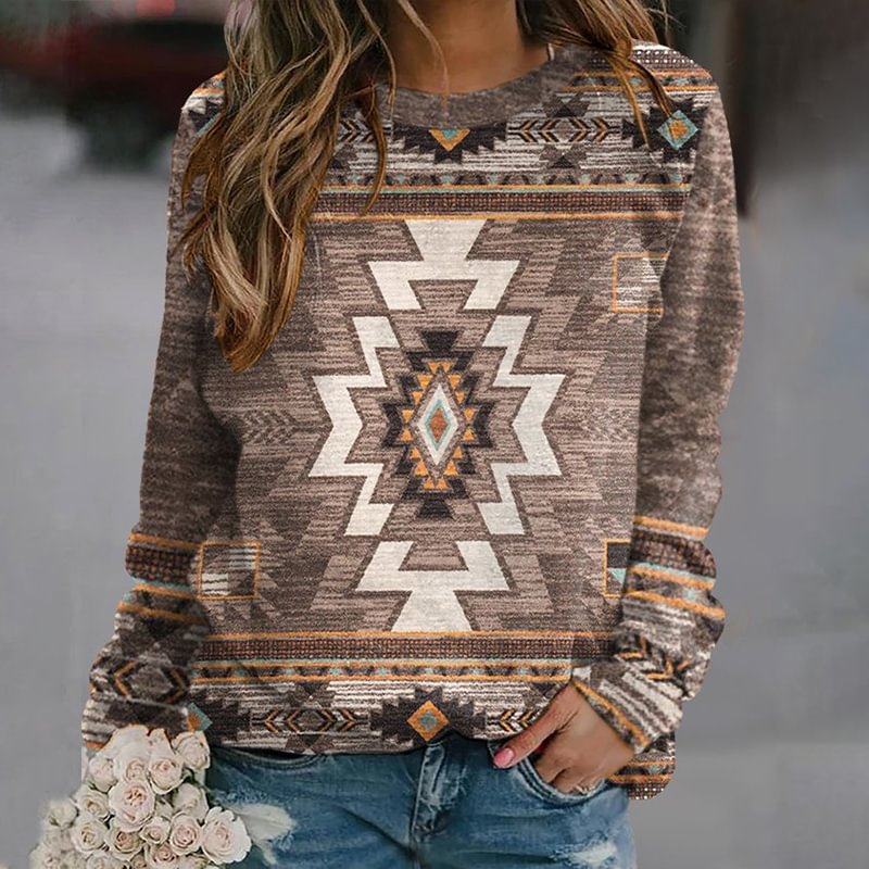 Vintage Western Print Long Sleeve Casual Sweatshirt