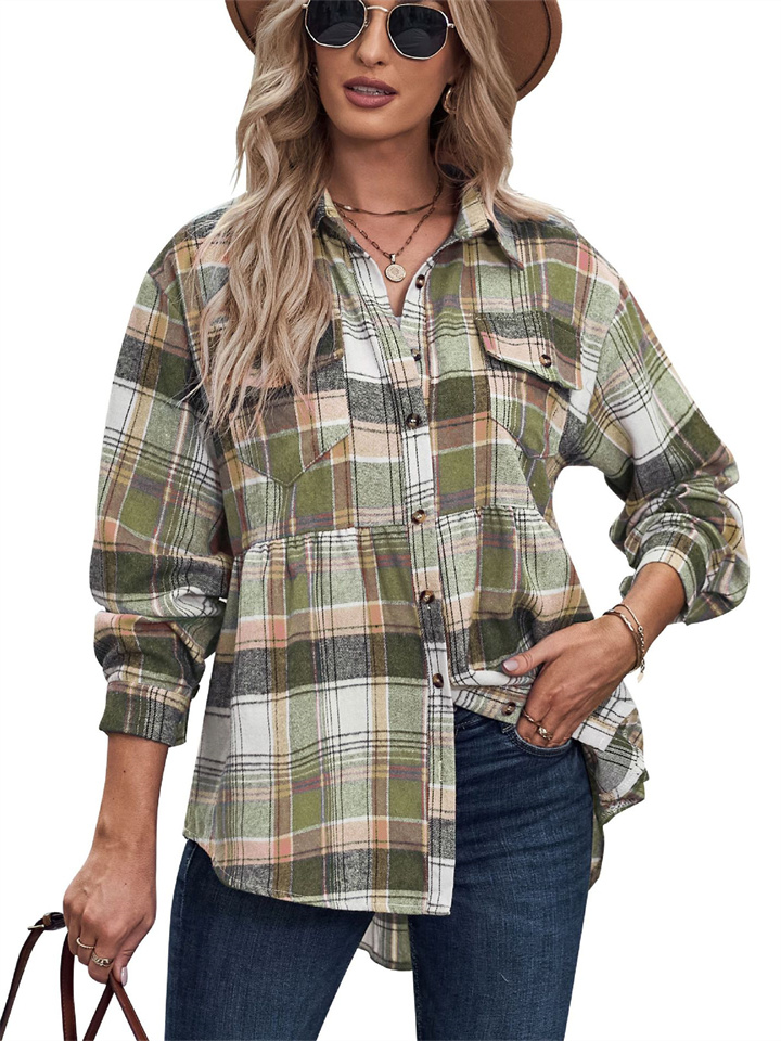 Women's Tops New Lapel Long-sleeved Pockets Casual European and American Plaid Shirt