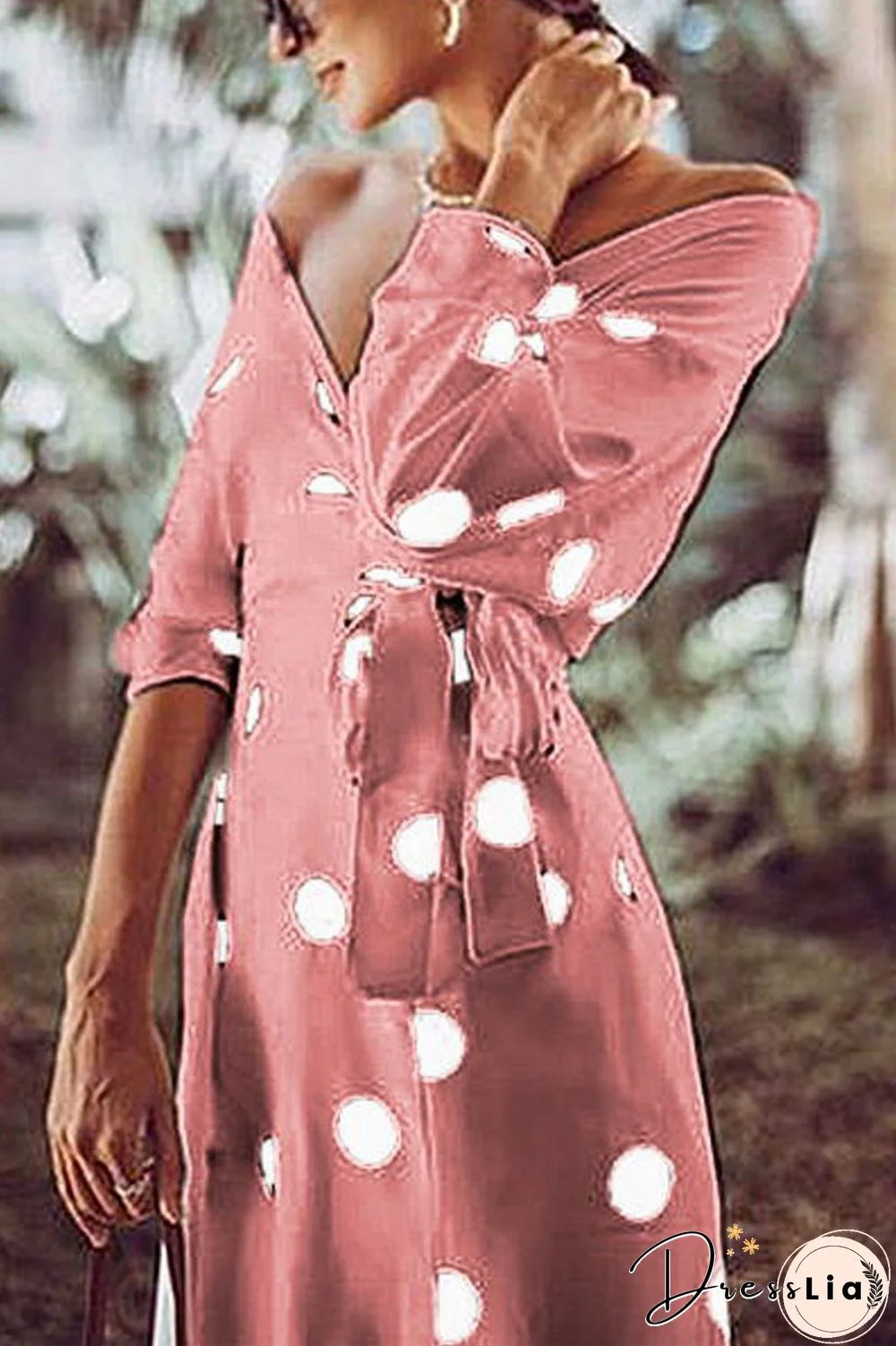 Polka Dot V-Neck Dress(With Belt)