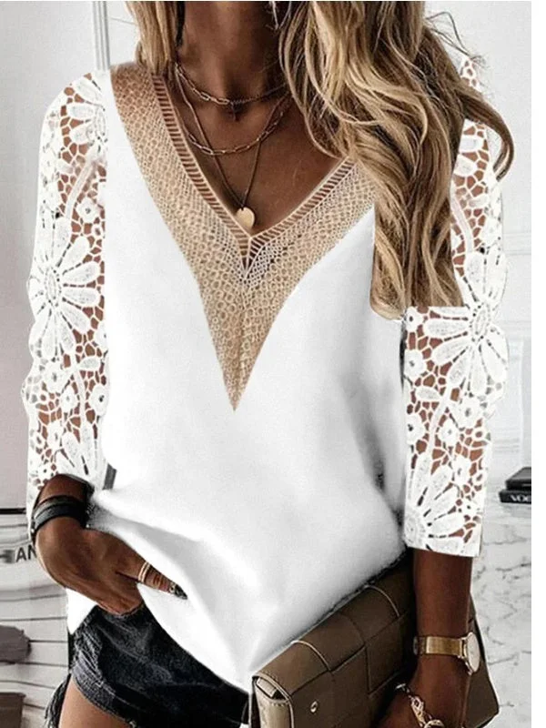 Women's Long Sleeve V-neck Lace Stitching Top