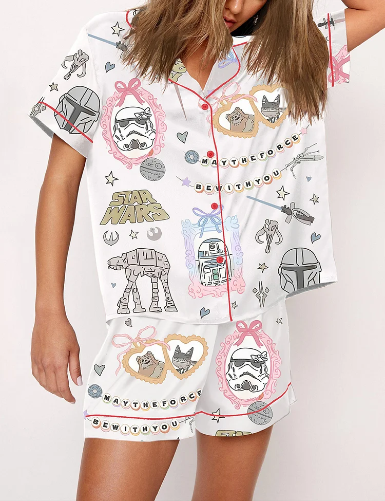 Women's Retro Coquette Bow Watercolor Star Wars Characters Print Pajama Set