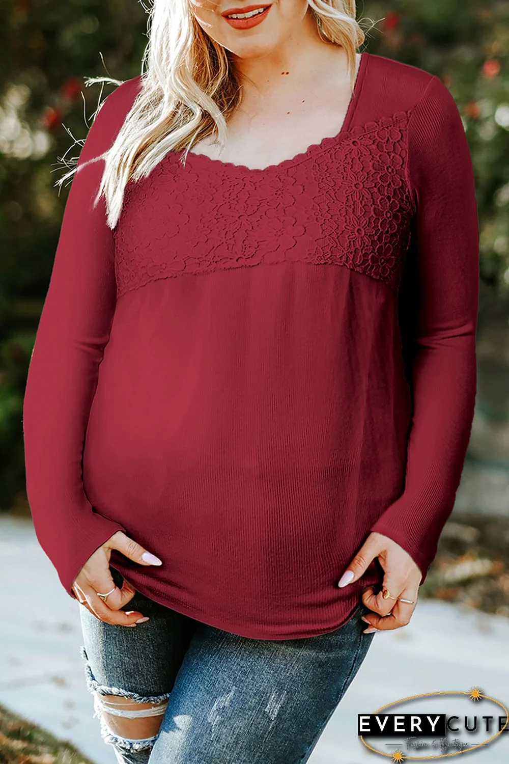 Red Lace Crochet V Neck Long Sleeve Top