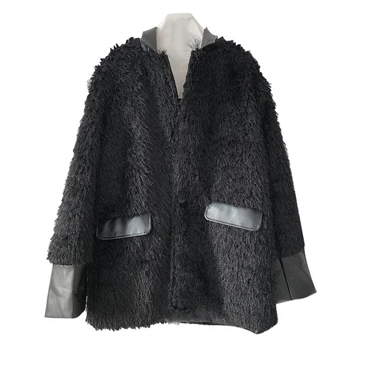 Luxury Black Pu Lapel Patchwork Mohair Long Sleeve Coat 