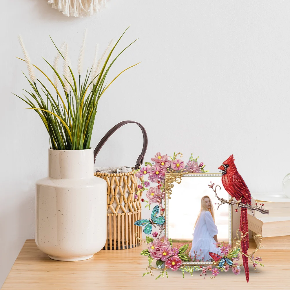 5D DIY Cardinal and Flower Acrylic Special Shape Diamond Painting Picture Frame