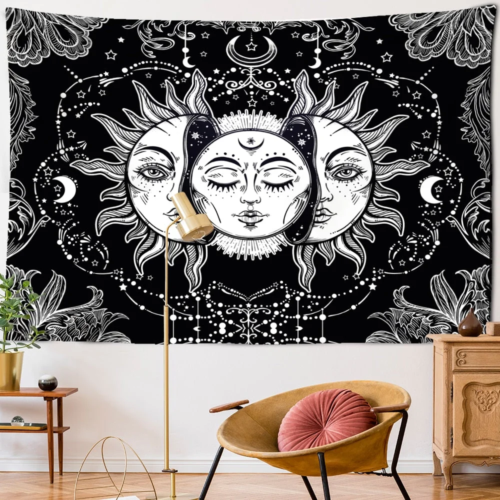 White Black Sun Moon Mandala Tapestry Wall Hanging Celestial  Hippie  Carpets Dorm Decor Psychedelic Witchcraft Halloween
