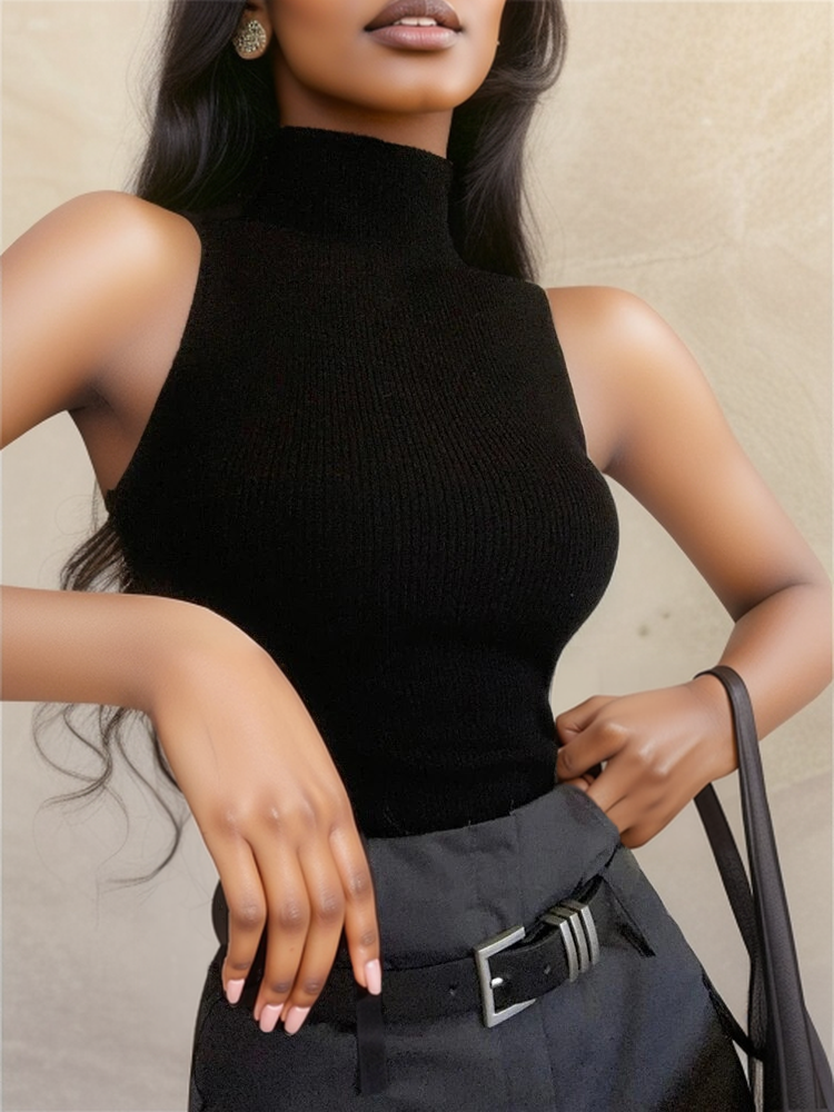 Turtleneck Knitted Tank Top for Women’s Summer Sleeveless Elastic Sexy Slim Basic Tops Streetwear