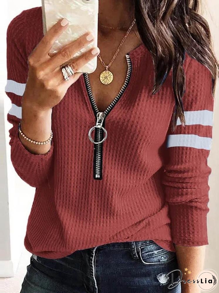 Colorblock Zipper Front Long Sleeve Top