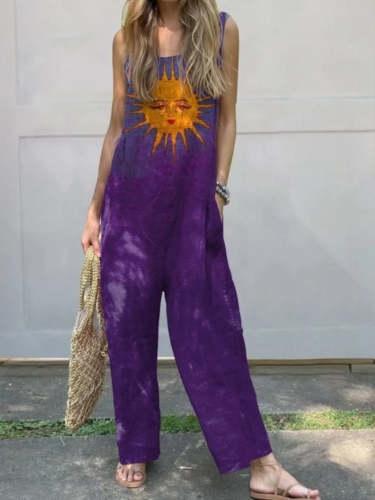 Retro Sun Graphic Printed Women's Casual 100% Cotton Wide Leg Jumpsuit