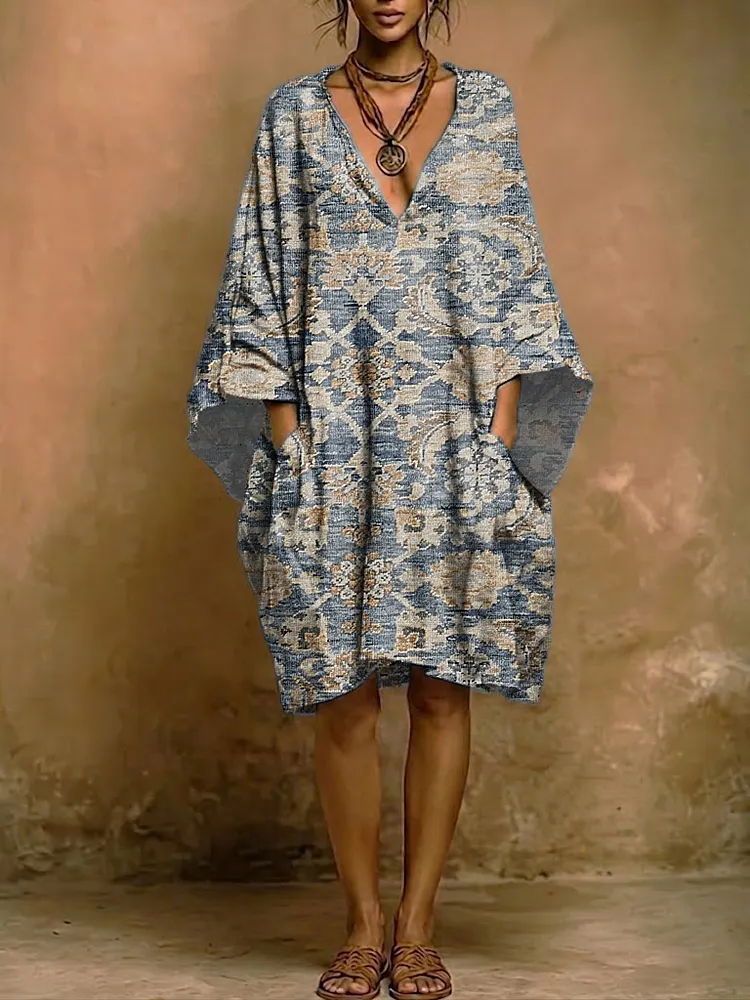 Bohemian-style Indigo Geometric Tie-dye Art Print Cotton-linen Dress