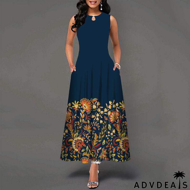 Women Fashion Plus Size Graphic Printing Sleeveless Swing Dress