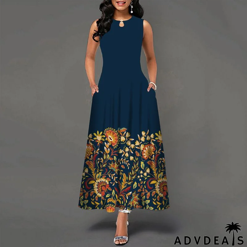 Women Fashion Plus Size Graphic Printing Sleeveless Swing Dress