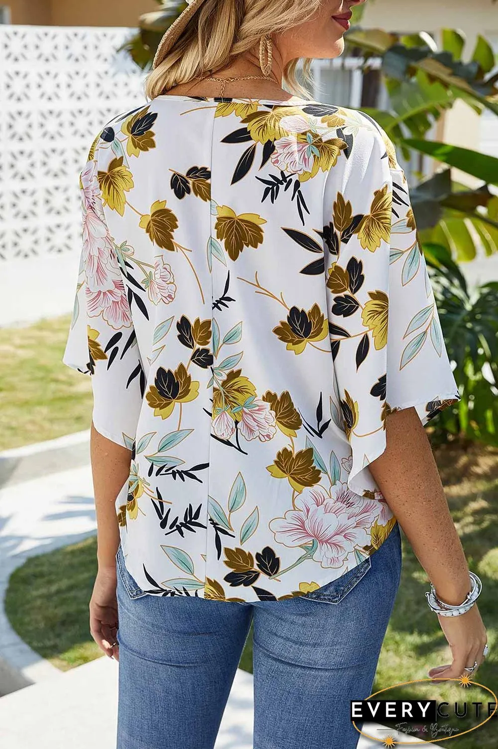 Loose Floral Knot Hem Chiffon Blouse