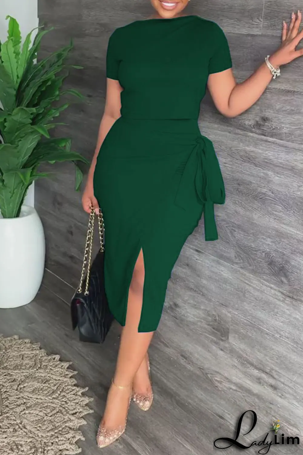 Black Celebrities Solid Bandage Patchwork Slit O Neck Short Sleeve Two Pieces