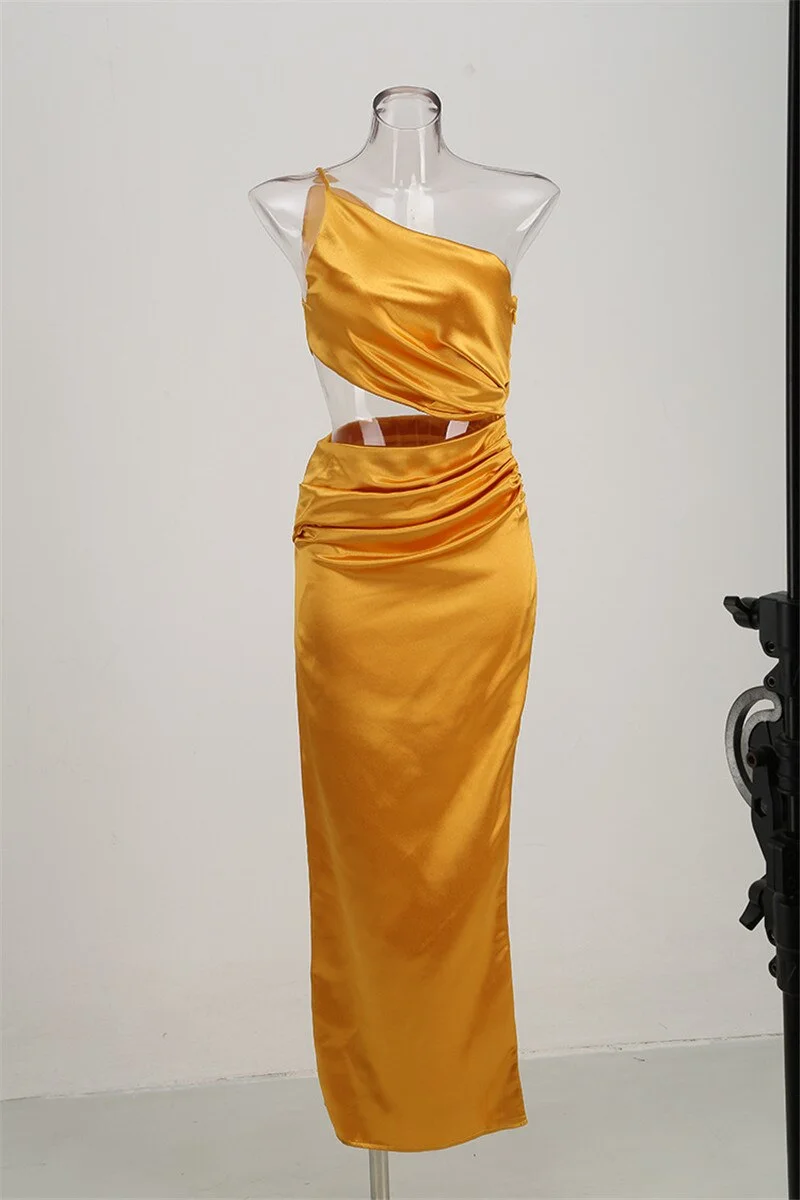 One Shoulder Diagonal Collar Maxi Women Dress Hollow Out Ruched Split  Robe Celebrity Evening Party Clubwear Dresses