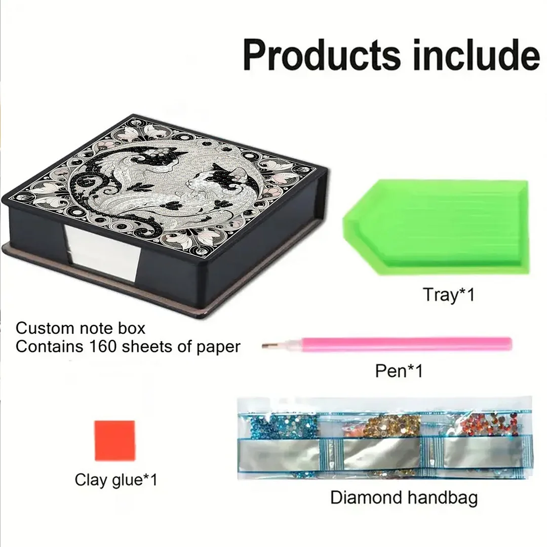 Cat 5D DIY PU Diamond Painting Kit Note Box with 160 Sheets Paper Memo Holder