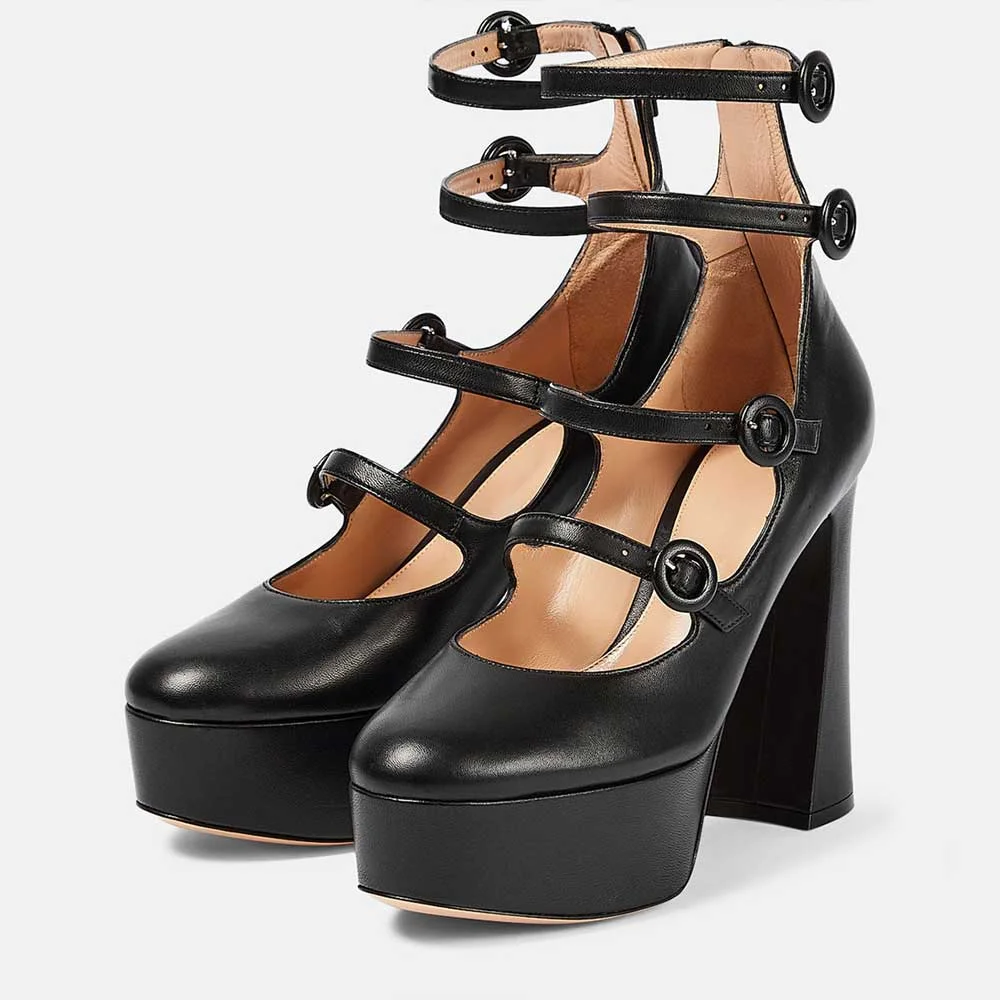 Black Round Toe Buckle Strap Flared Heel Platform Mary Jane Pumps