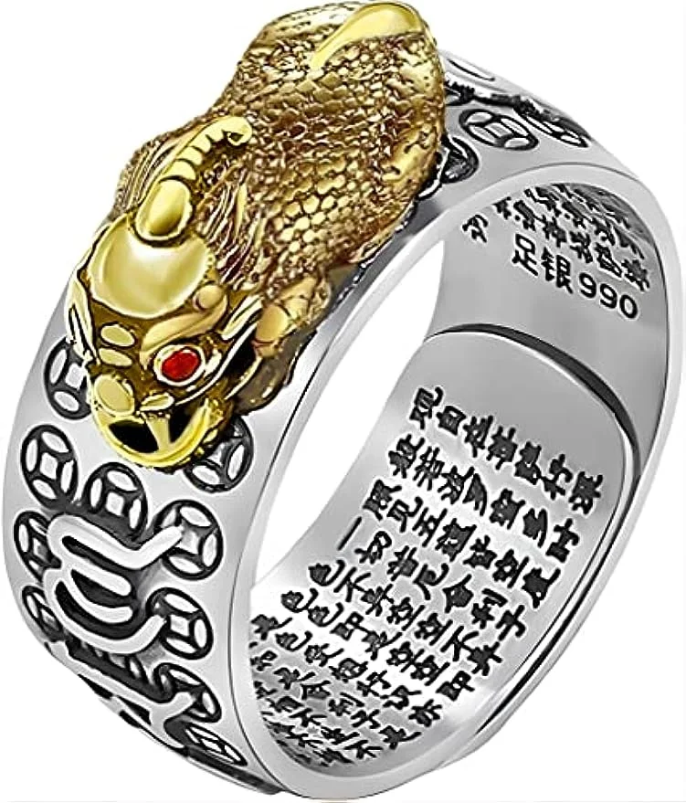 JAJAFOOK Sterling Silver Feng Shui Pixiu Mantra Ring Buddhist Good Luck Amulet Lucky Fortune Opening Adjustable Ring
