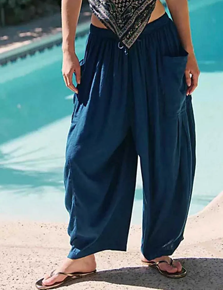 Ladies Elastic Waist String Tie Pocket Cuzy Pants