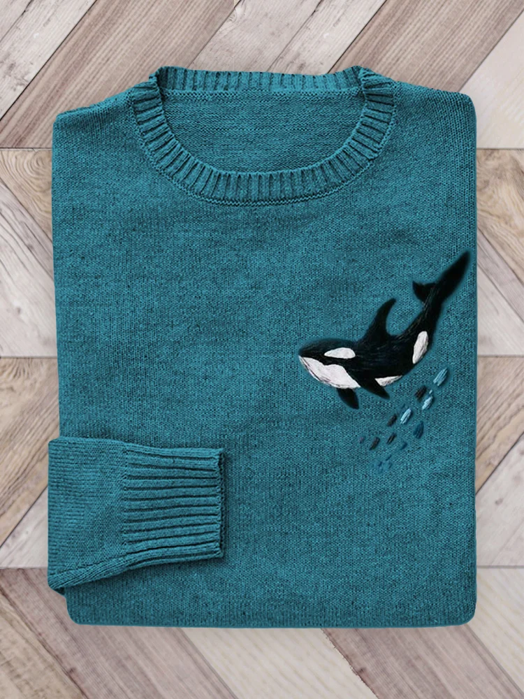 Comstylish Killer Whale Embroidery Art Cozy Knit Sweater