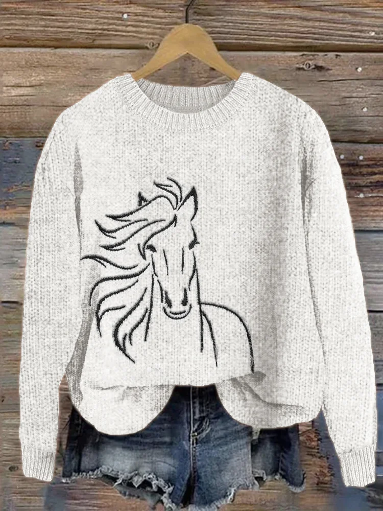 Horse Line Art Embroidered Cozy Knit Sweater