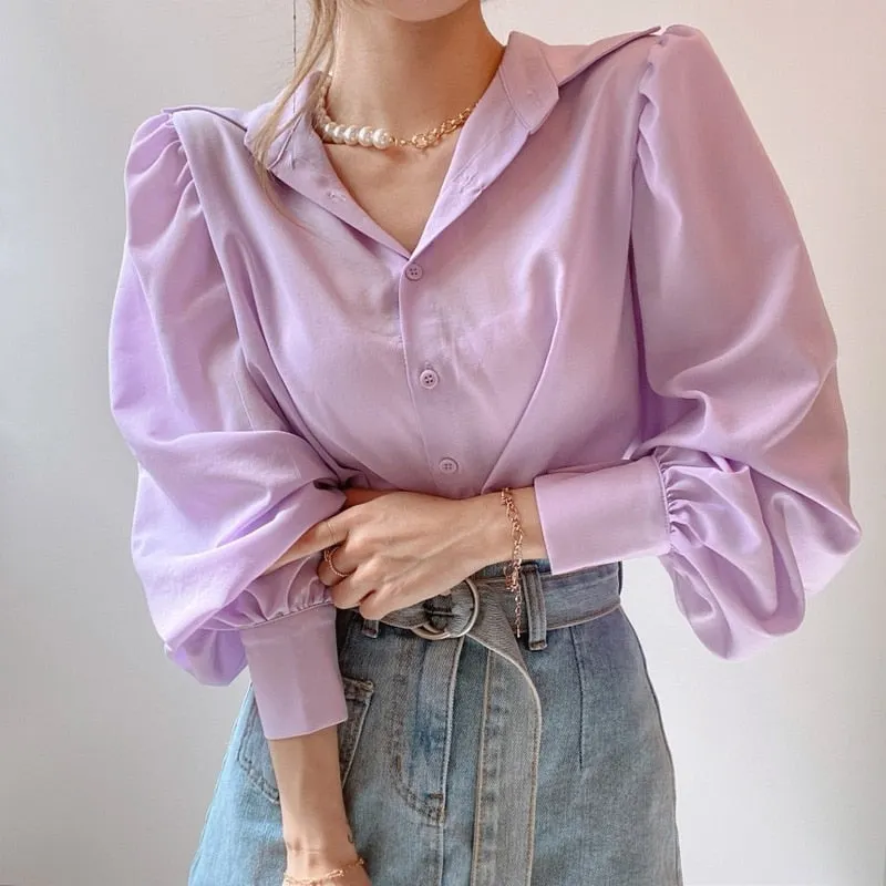 Korean Loose Chic Women Blouse Simple Versatile Lapel Long Sleeve Shirt Elegant Women Shirt Tops Pink Tops Blusas Mujer 12492
