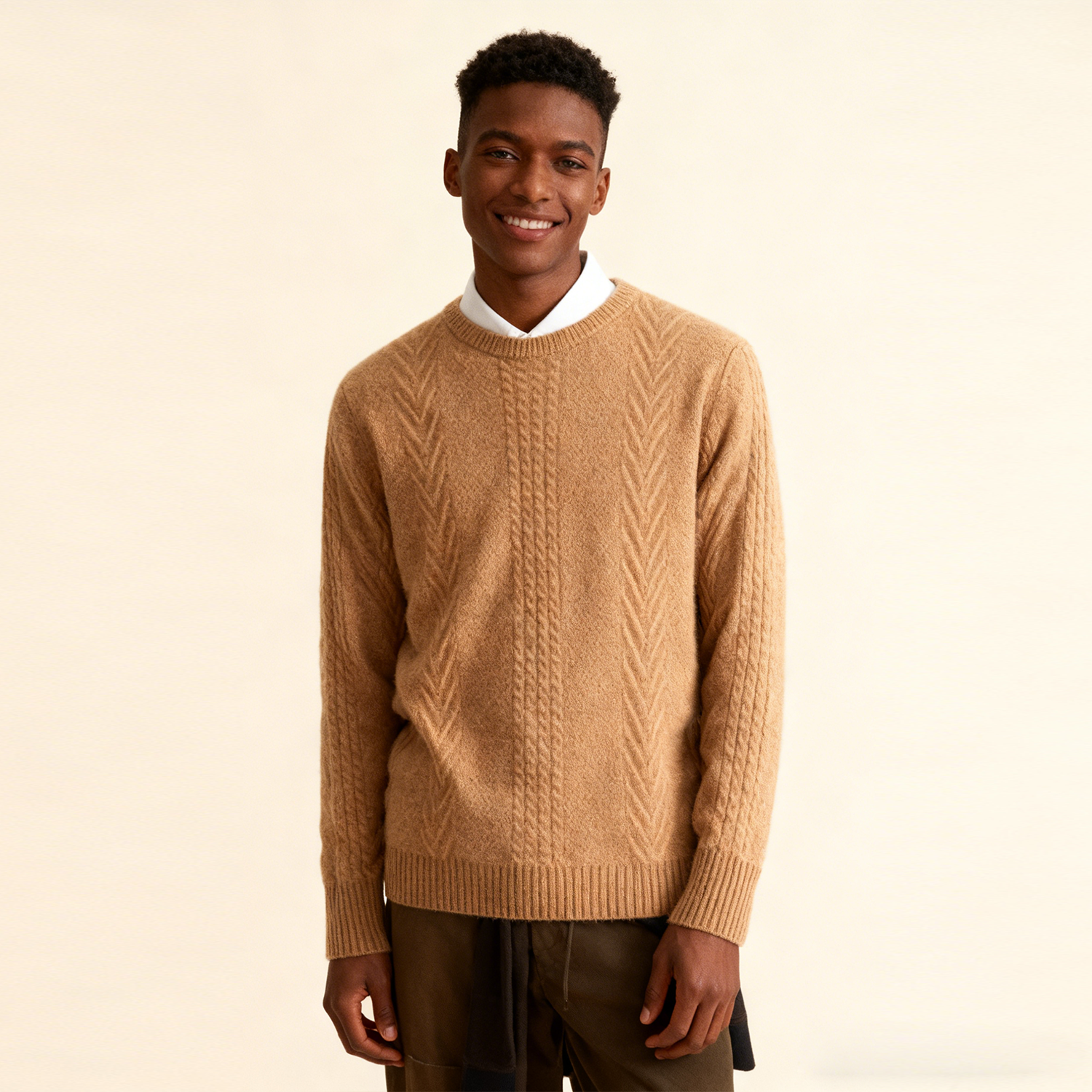 Men's Cashmere Crewneck Sweater Textured Knit Pattern REAL SILK LIFE