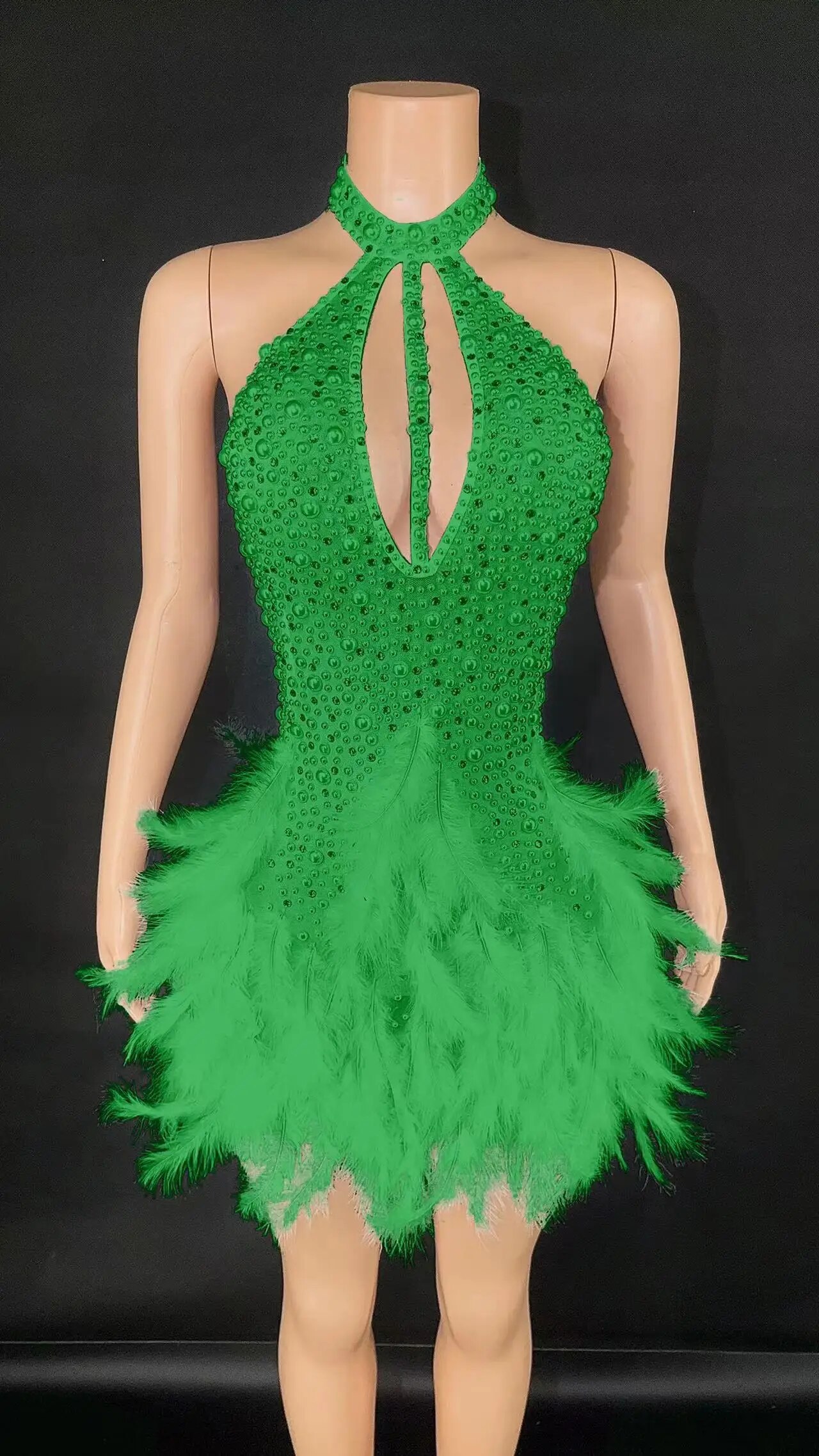 VCSHOES Sparkly Crystals Sleeveless Women Celebrate Birthday Evening Party Mini Dress Halter Backless Feathers Sheath Dress