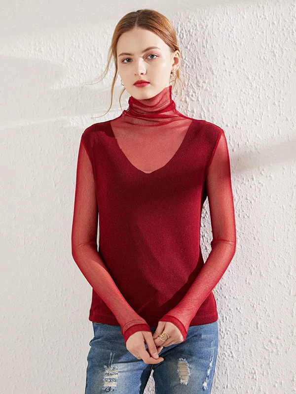 Simple 5 Colors Mesh High-Neck Long Sleeves T-Shirt Top