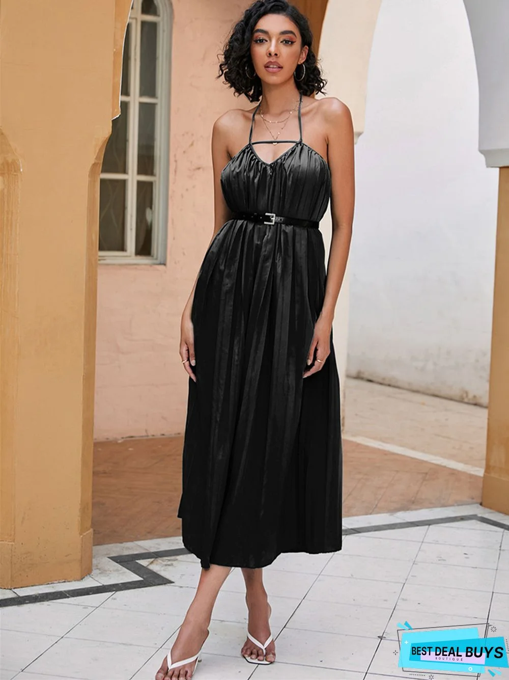 Summer Solid Color Pleated Waist and Neck Dress Black Dresses