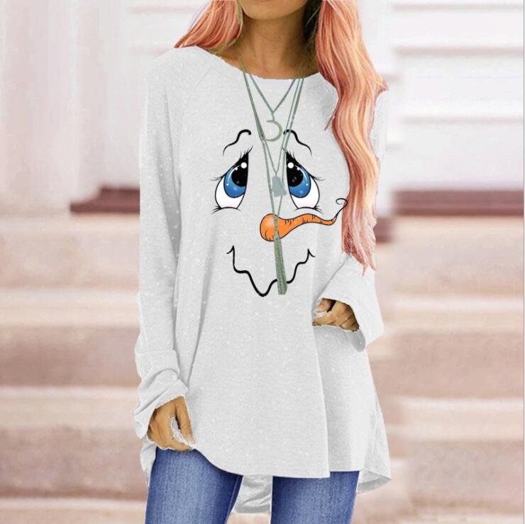 Cute Christmas Snowman Cartoon T-Shirt Large Size Ladies Printed Casual Pullover Elegant Top Long Sleeve O-Neck Long T-Shirt