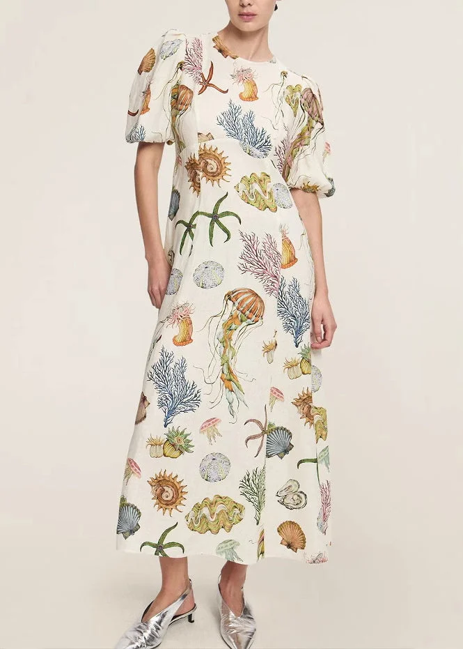 Classy O-Neck Print Tunic Long Dress Short Sleeve