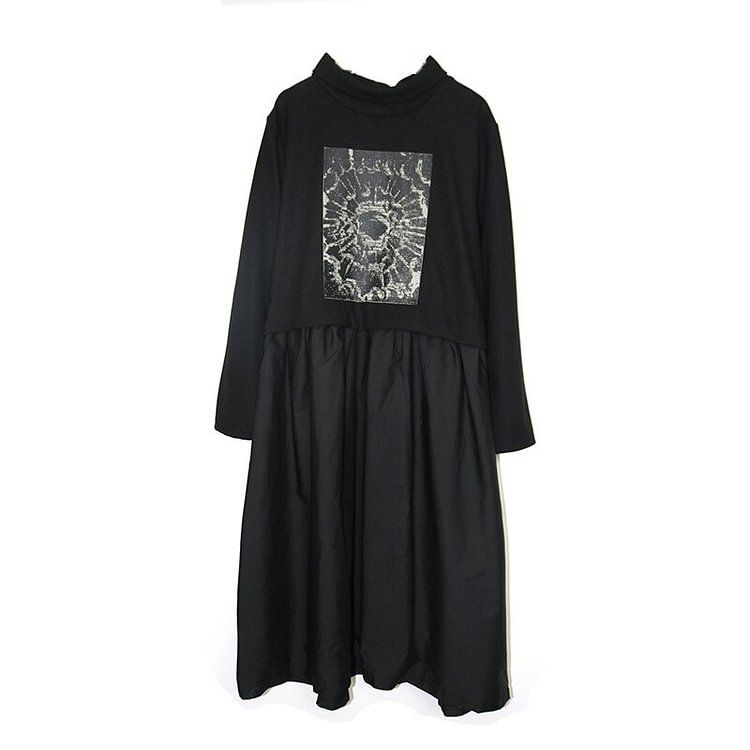 Casual Solid Color Turtleneck Printed Patchwork Folds Hem Long Sleeve Dress 