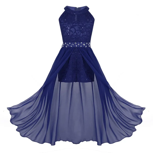Girls' Elegant Lace Cocktail Dresses Sleeveless Party Long Prom Dress with Chiffon Skirt Dance Romper Dress