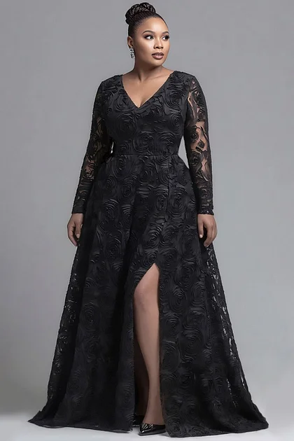 Xpluswear Design Plus Size Formal Black V Neck Long Sleeve Split See  Through Tulle Maxi Dresses - Xpluswear.com