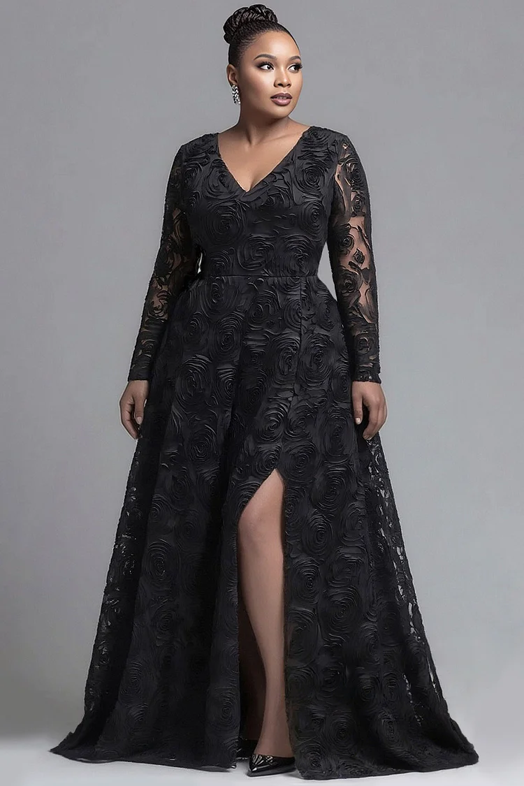 Xpluswear Design Plus Size Formal Black V Neck Long Sleeve 3D Elegant Split Tulle Maxi Dresses 2024 - Xpluswear