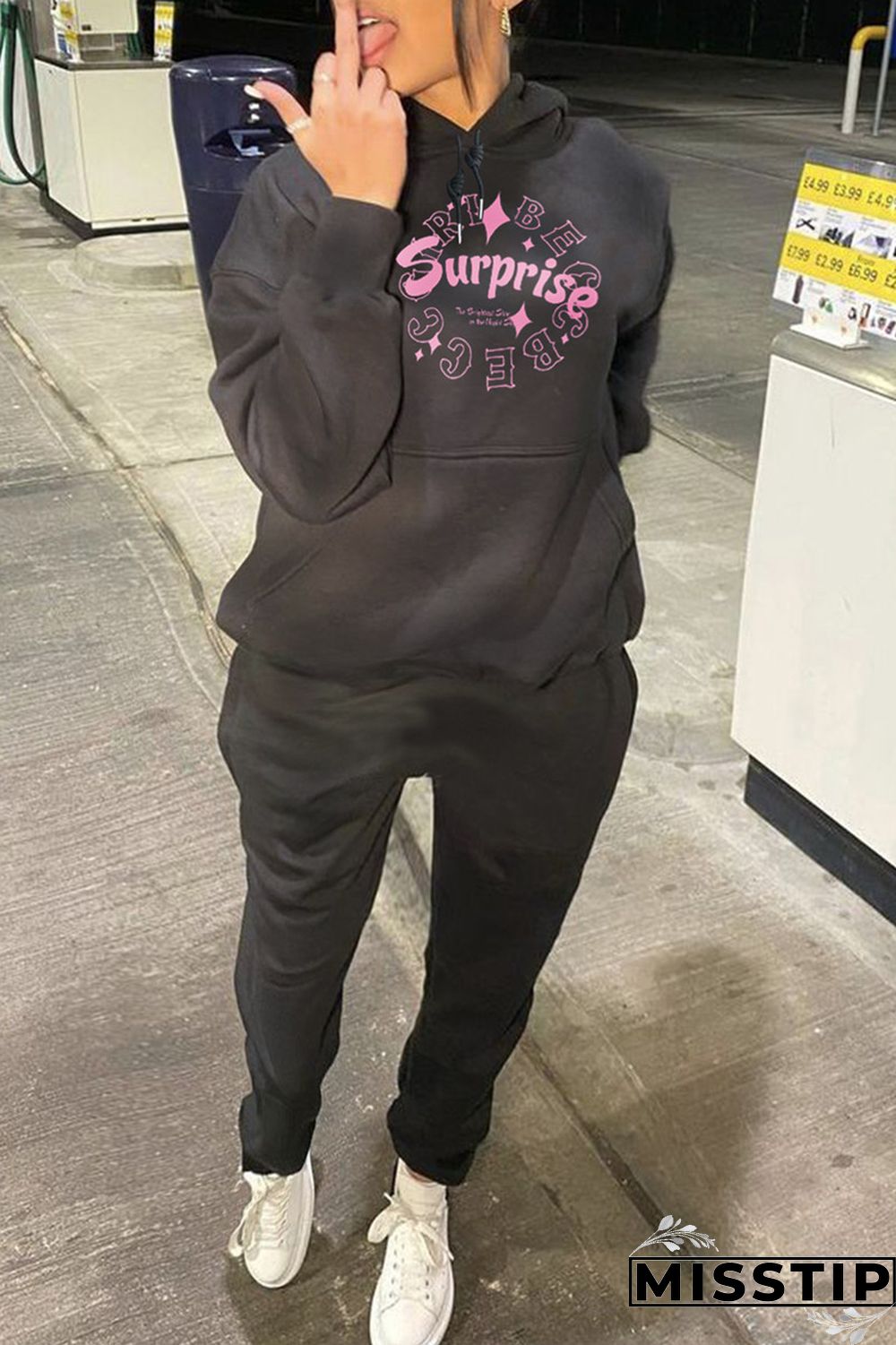 Black Casual Letter Print Patchwork Basic Hooded Collar Long Sleeve Two Pieces