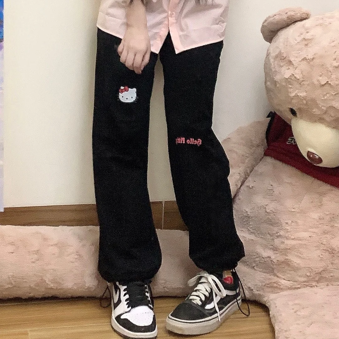 UForever21 Back to School Kawaii Jogging Sweatpants Women Harajuku Oversize Cartoon Print Black Joggers Sports Pants Soft Girl Style Trousers Femme