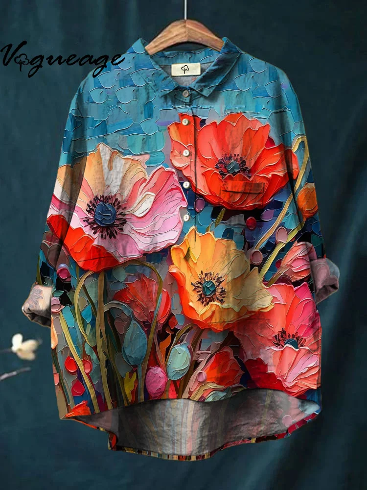 Bright Fashion Elegant Colorful Flowers Print Cotton And Linen Shirt