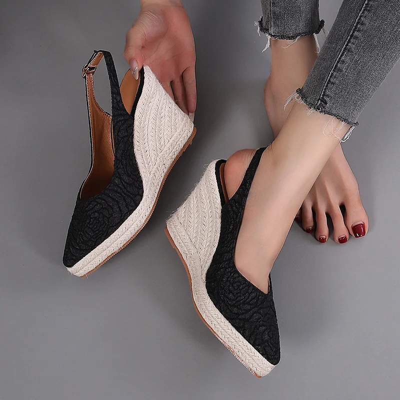 Wongn Wongn Heel Thick High Heel Pointed Head Drag Sandals Women Shallow Mouth Empty Single Shoes Straw Hemp Rope